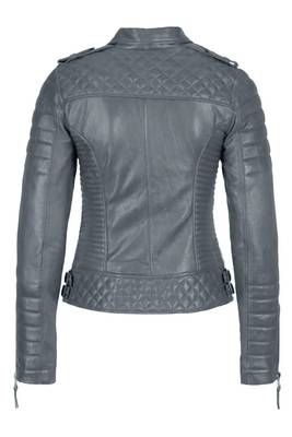 Women's grey genuine leather biker jacket asymmetrical zip 2