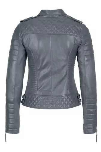 Women's grey genuine leather biker jacket asymmetrical zip