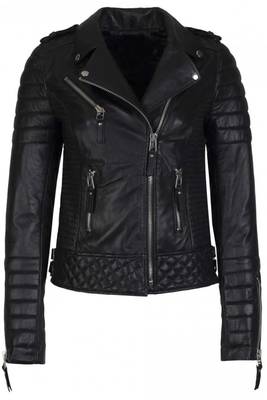 Women's black lambskin leather moto jacket quilted motorcycle coat 1