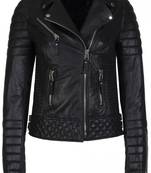Women's black lambskin leather moto jacket quilted motorcycle coat