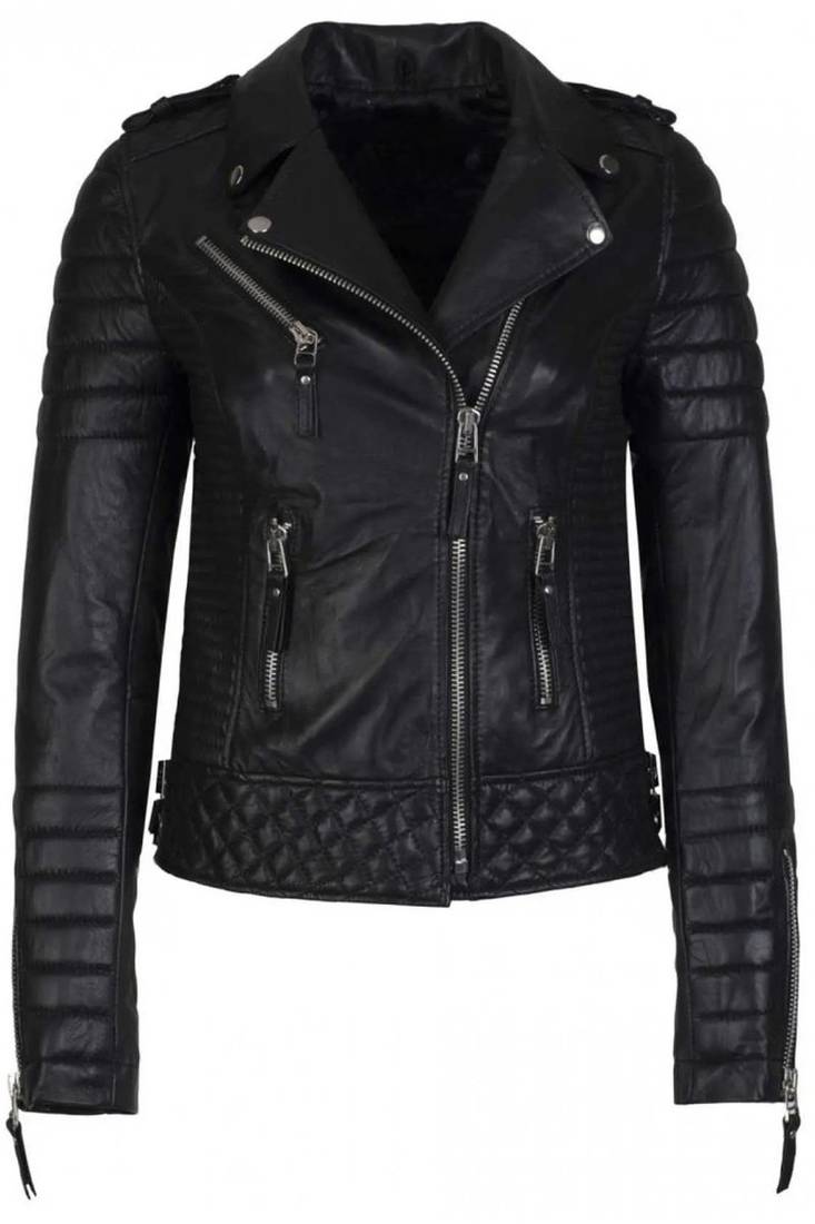 Women's black lambskin leather moto jacket quilted motorcycle coat