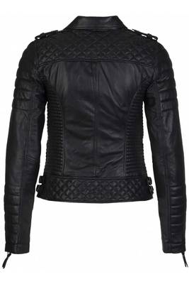 Women's black lambskin leather moto jacket quilted motorcycle coat 2