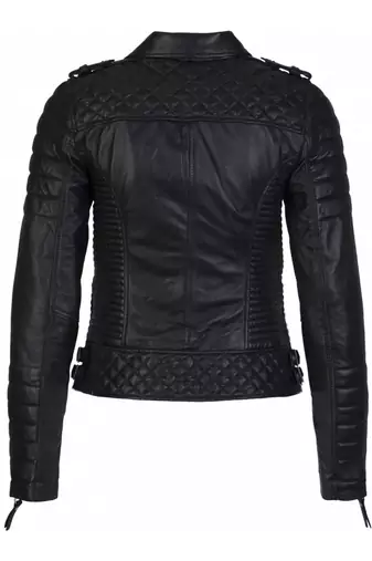 Women's black lambskin leather moto jacket quilted motorcycle coat