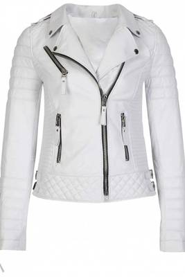 Women's white genuine leather biker jacket silver zippers 1