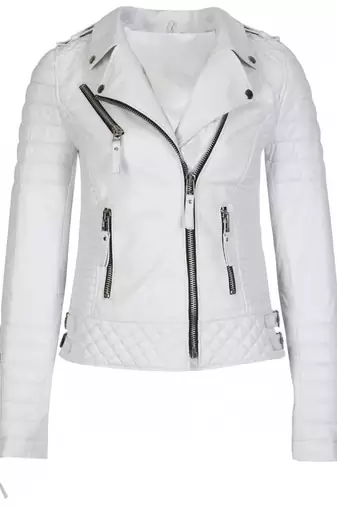 Women's white genuine leather biker jacket silver zippers