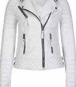 Women's white genuine leather biker jacket silver zippers