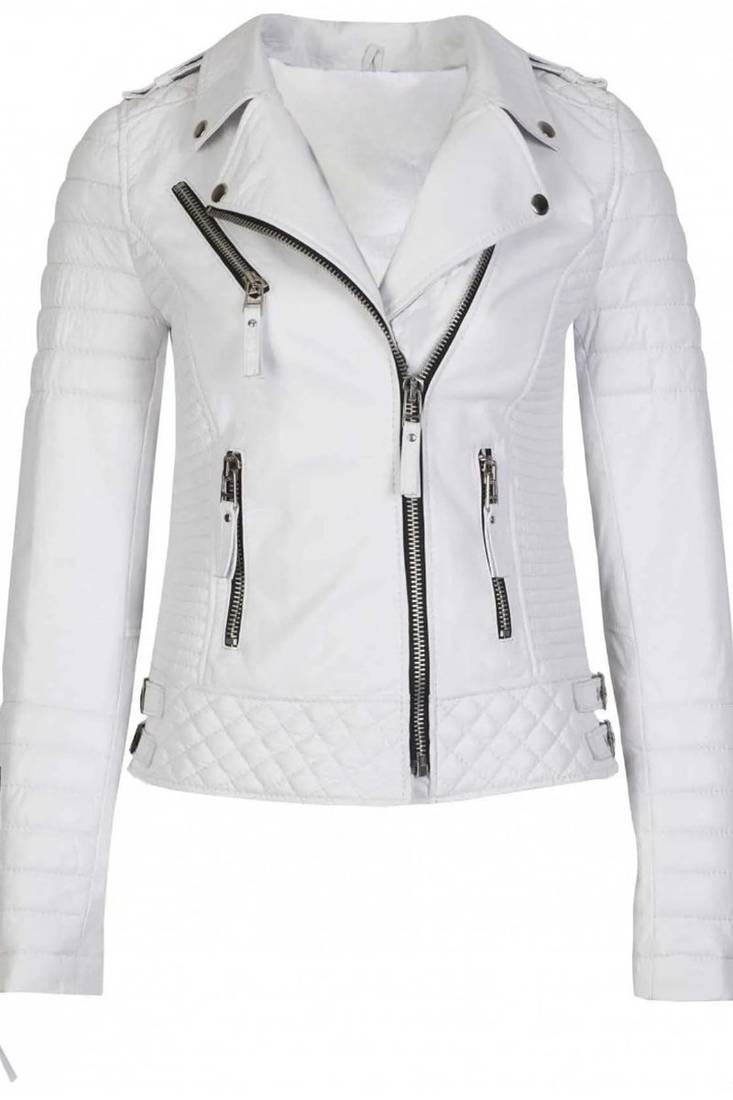 Women's white genuine leather biker jacket silver zippers