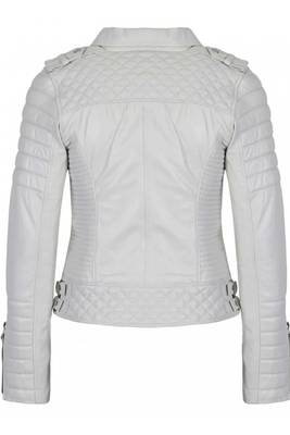 Women's white genuine leather biker jacket silver zippers 2