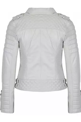 Women's white genuine leather biker jacket silver zippers