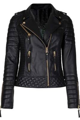 Women's black genuine leather motorcycle jacket slim fit gold zip jacket 1