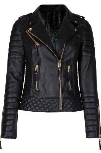 Women's black genuine leather motorcycle jacket slim fit gold zip jacket