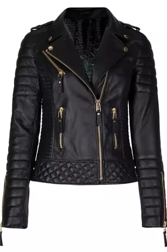 Women's black genuine leather motorcycle jacket slim fit gold zip jacket
