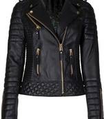Women's black genuine leather motorcycle jacket slim fit gold zip jacket