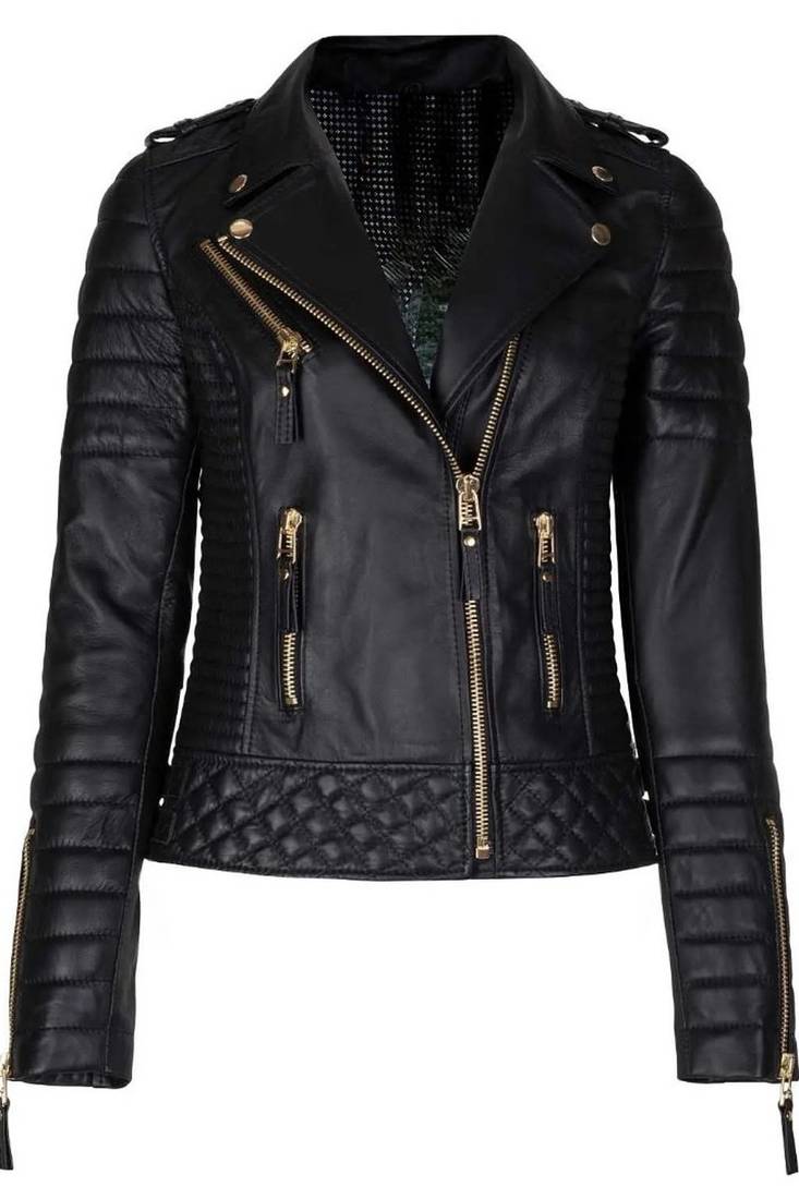Women's black genuine leather motorcycle jacket slim fit gold zip jacket