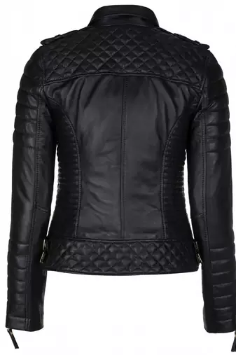 Women's black genuine leather motorcycle jacket slim fit gold zip jacket
