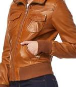 Women's genuine brown real leather motorcycle bomber jacket