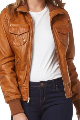 Women's genuine brown real leather motorcycle bomber jacket 2