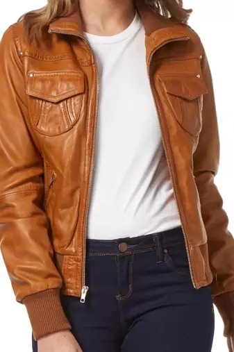 Women's genuine brown real leather motorcycle bomber jacket