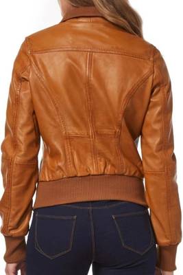 Women's genuine brown real leather motorcycle bomber jacket 3