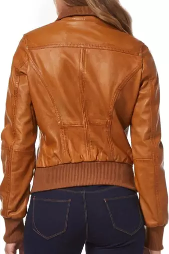 Women's genuine brown real leather motorcycle bomber jacket