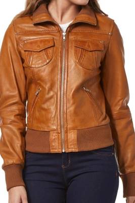 Women's genuine brown real leather motorcycle bomber jacket 4