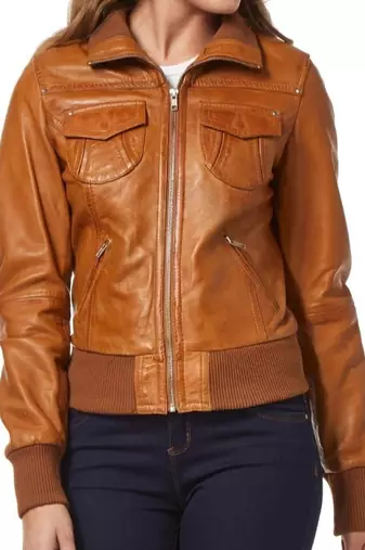 Women's genuine brown real leather motorcycle bomber jacket