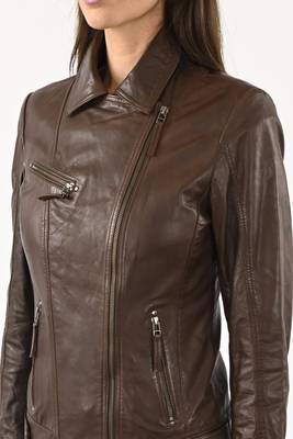 Women's brown real lambskin leather motorcycle biker jacket 1