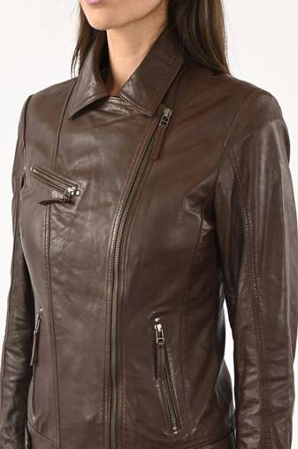 Women's brown real lambskin leather motorcycle biker jacket