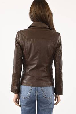 Women's brown real lambskin leather motorcycle biker jacket 2