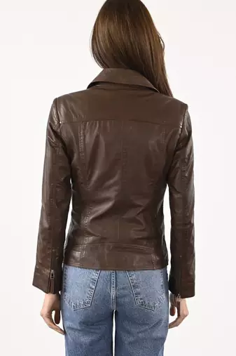 Women's brown real lambskin leather motorcycle biker jacket