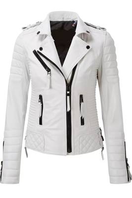 Women's white real lambskin quilted leather biker jacket 1