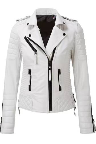 Women's white real lambskin quilted leather biker jacket