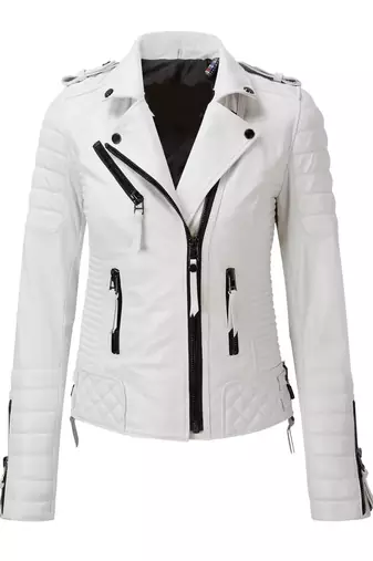 Women's white real lambskin quilted leather biker jacket