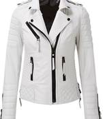 Women's white real lambskin quilted leather biker jacket