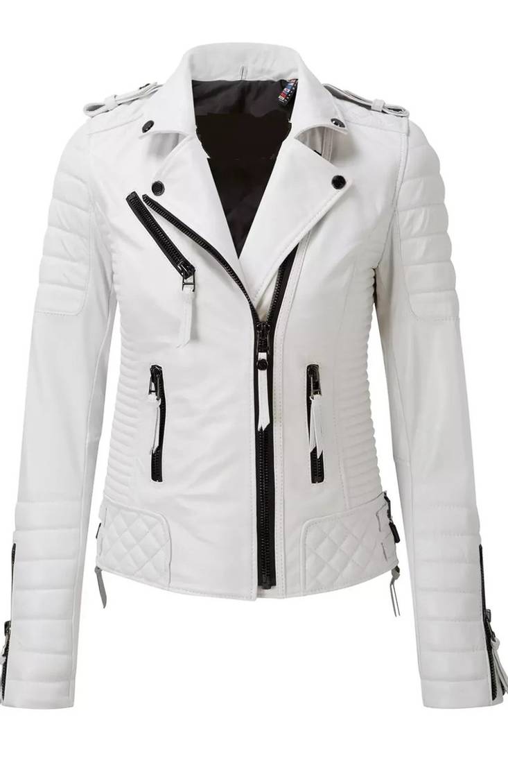 Women's white real lambskin quilted leather biker jacket
