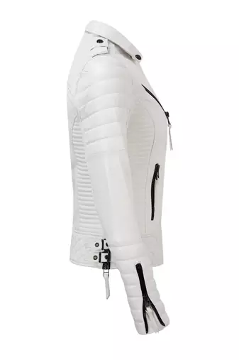 Women's white real lambskin quilted leather biker jacket