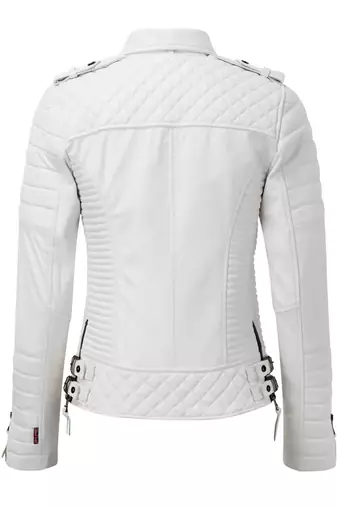 Women's white real lambskin quilted leather biker jacket
