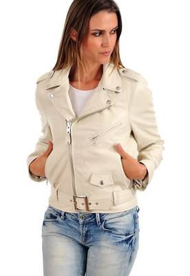 Women's beige leather genuine lambskin biker jacket 1