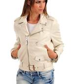 Women's beige leather genuine lambskin biker jacket