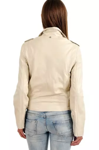 Women's beige leather genuine lambskin biker jacket