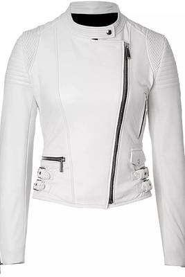 Women's white genuine leather biker style jacket 1