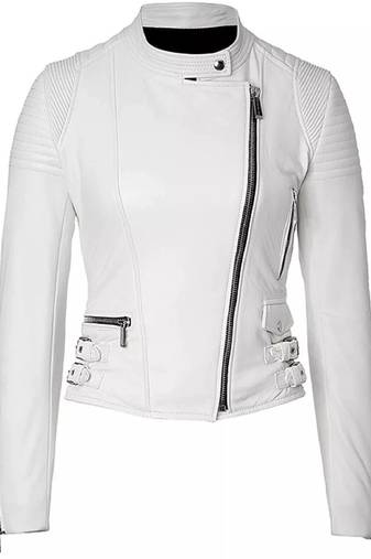 Women's white genuine leather biker style jacket