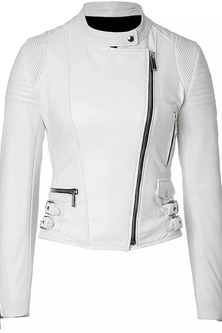Women's white genuine leather biker style jacket