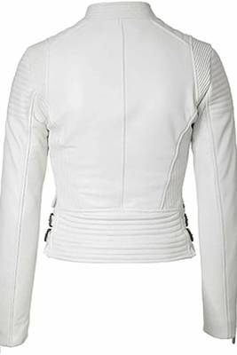 Women's white genuine leather biker style jacket 2