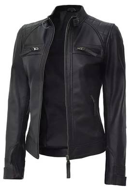 Women's black quilted lambskin leather biker jacket 1