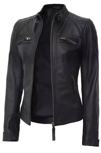 Women's black quilted lambskin leather biker jacket