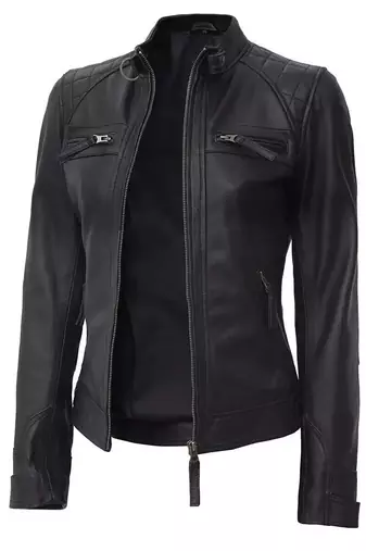 Women's black quilted lambskin leather biker jacket