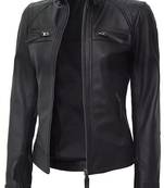 Women's black quilted lambskin leather biker jacket