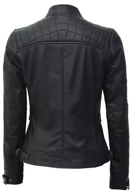 Women's black quilted lambskin leather biker jacket 2