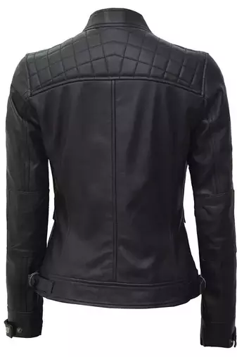 Women's black quilted lambskin leather biker jacket